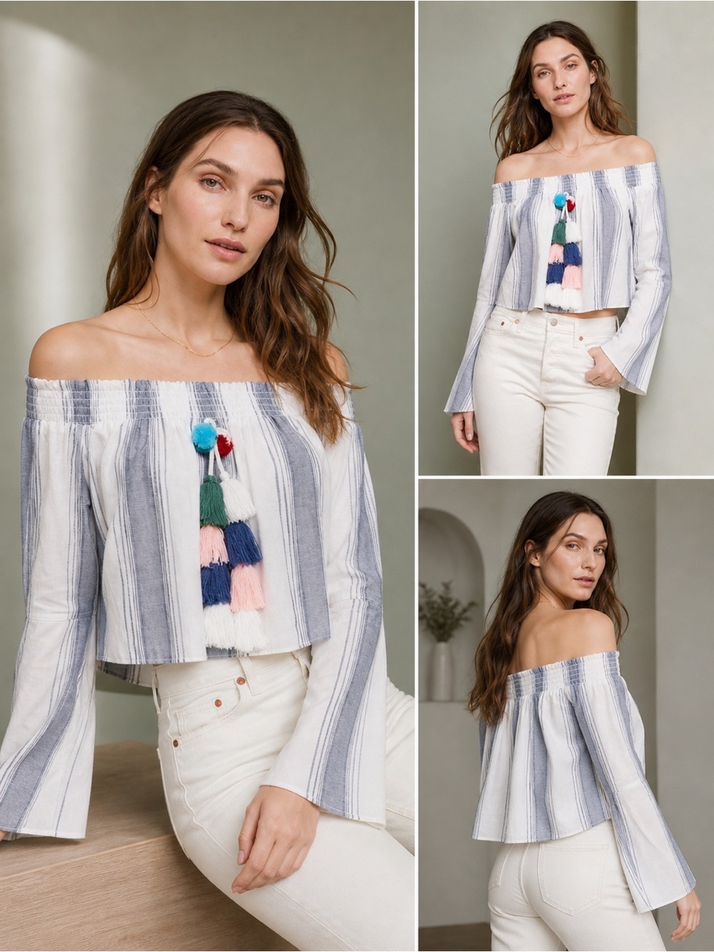 Anthropologie Boho Off Shoulder Stripe Tassel Blouse Flowy Top
